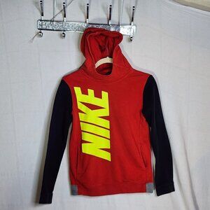 Nike Red Black LS Neon Yellow Logo Hooded Pull On Pocketed Cotton Poly Hoodie L